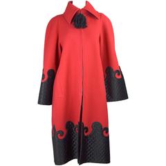 1990's Christian Lacroix Red and Black Appliqué Coat With Black Tassell