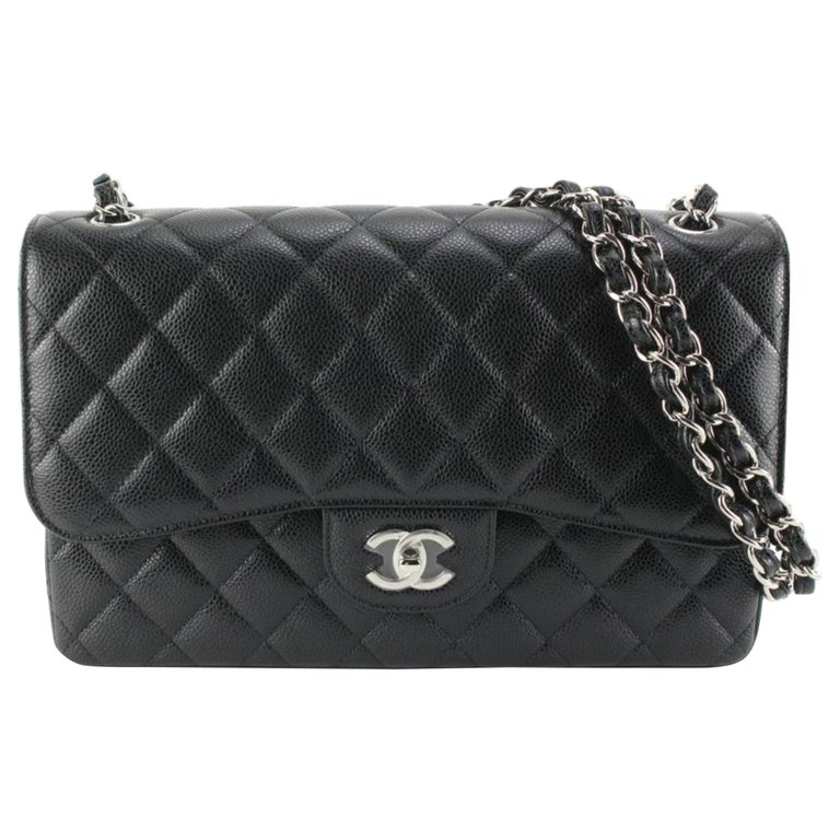 Chanel 2022 Black Quilted Caviar Jumbo Double Classic Flap SHW