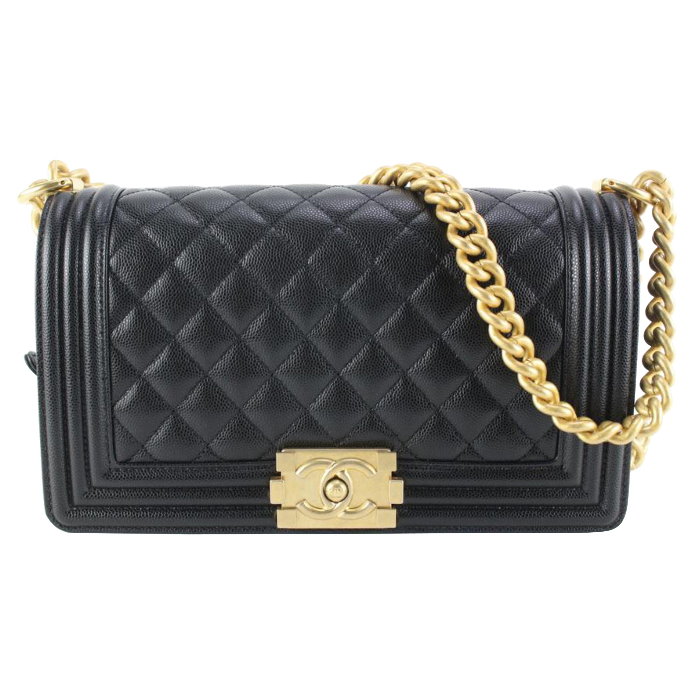 Chanel Black Quilted Caviar Leather Medium Boy Gold Chain Bag 84ck85s