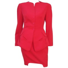 Retro c.1990 Thierry Mugler Fiery Red Suit With Star Pockets & Stylized Skirt