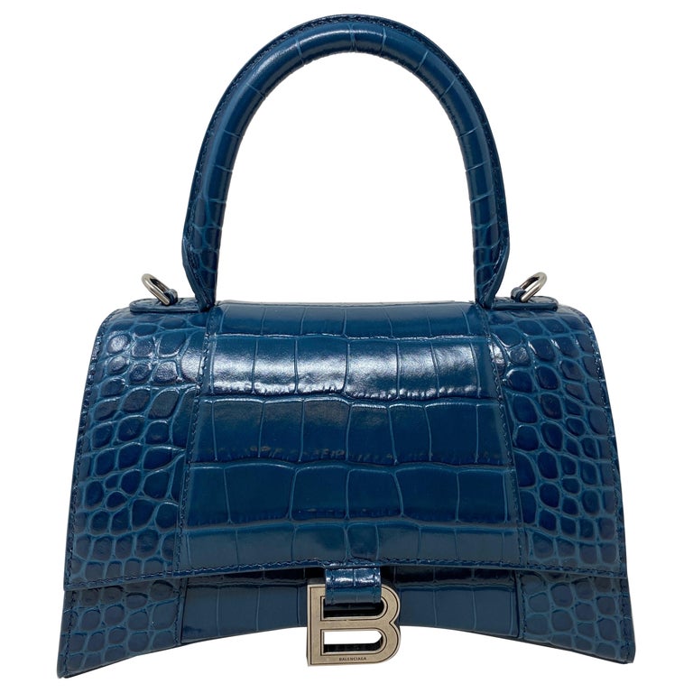 Blue Croc Embossed Hourglass at | blue balenciaga hourglass bag, balenciaga bag blue, blue croc balenciaga bag