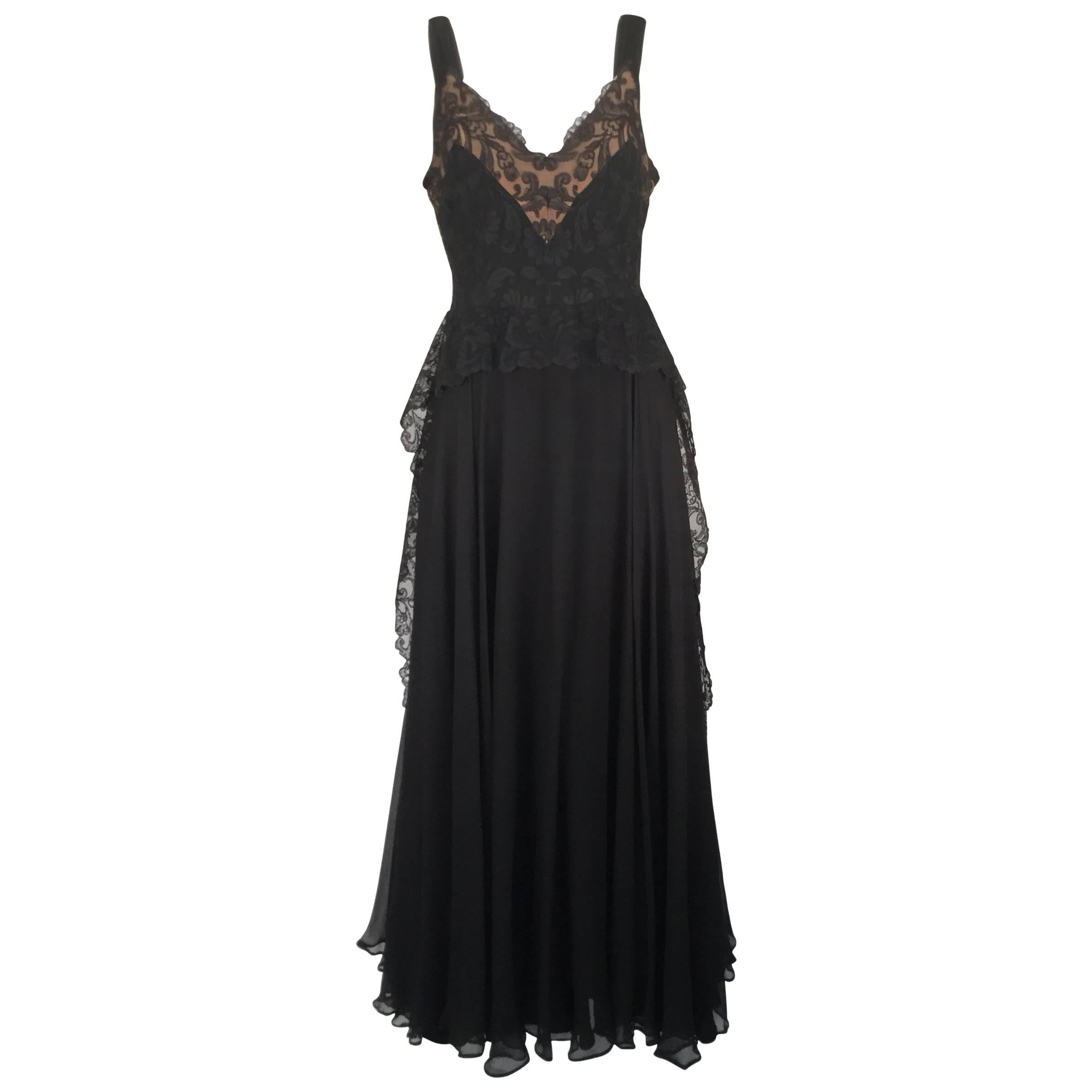 1940s Black Silk Evening Dress with Lace Overlay For Sale