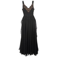 Vintage 1940s Black Silk Evening Dress with Lace Overlay