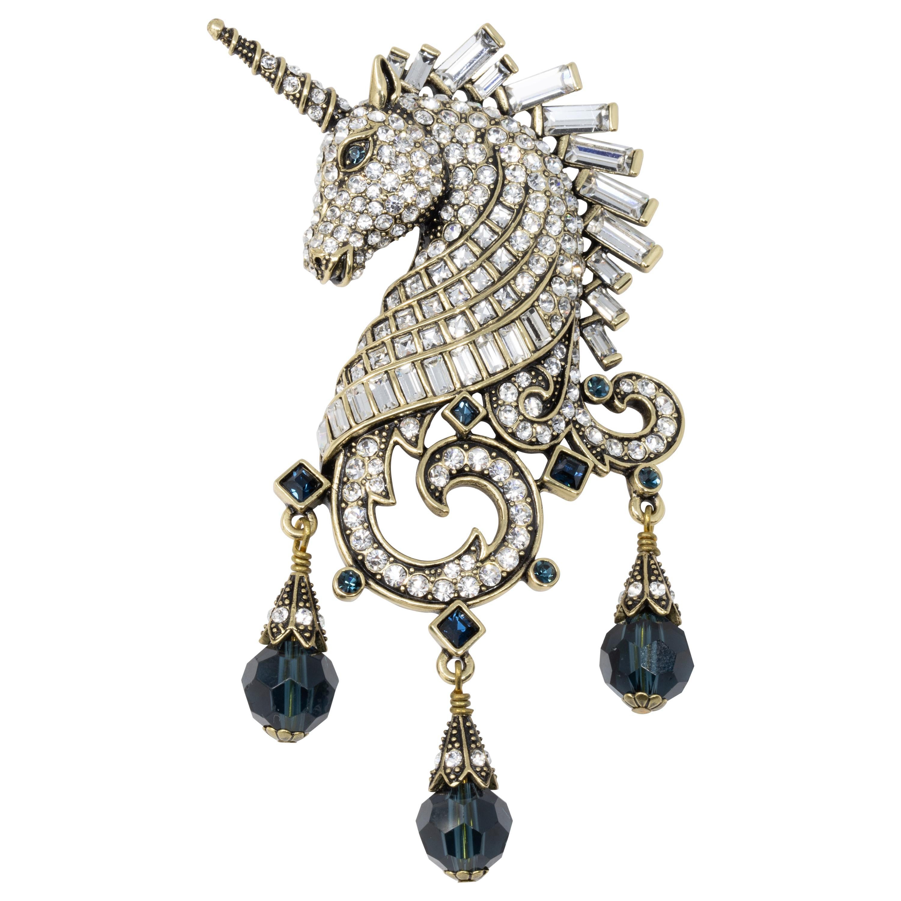 Heidi Daus "Untamed Beauty" Clear & Sapphire Crystal Unicorn Pin in Gold For Sale