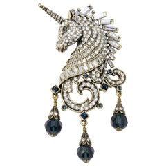 Vintage Heidi Daus "Untamed Beauty" Clear & Sapphire Crystal Unicorn Pin in Gold