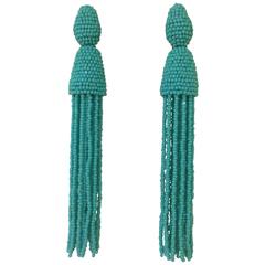 Oscar de la Renta Turquoise Light Blue Seed Bead Beaded Tassle Earrings Clip On