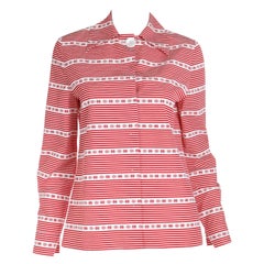 Miu Miu Red & White Cotton Print Long Sleeve 2015 Runway Shirt Blouse