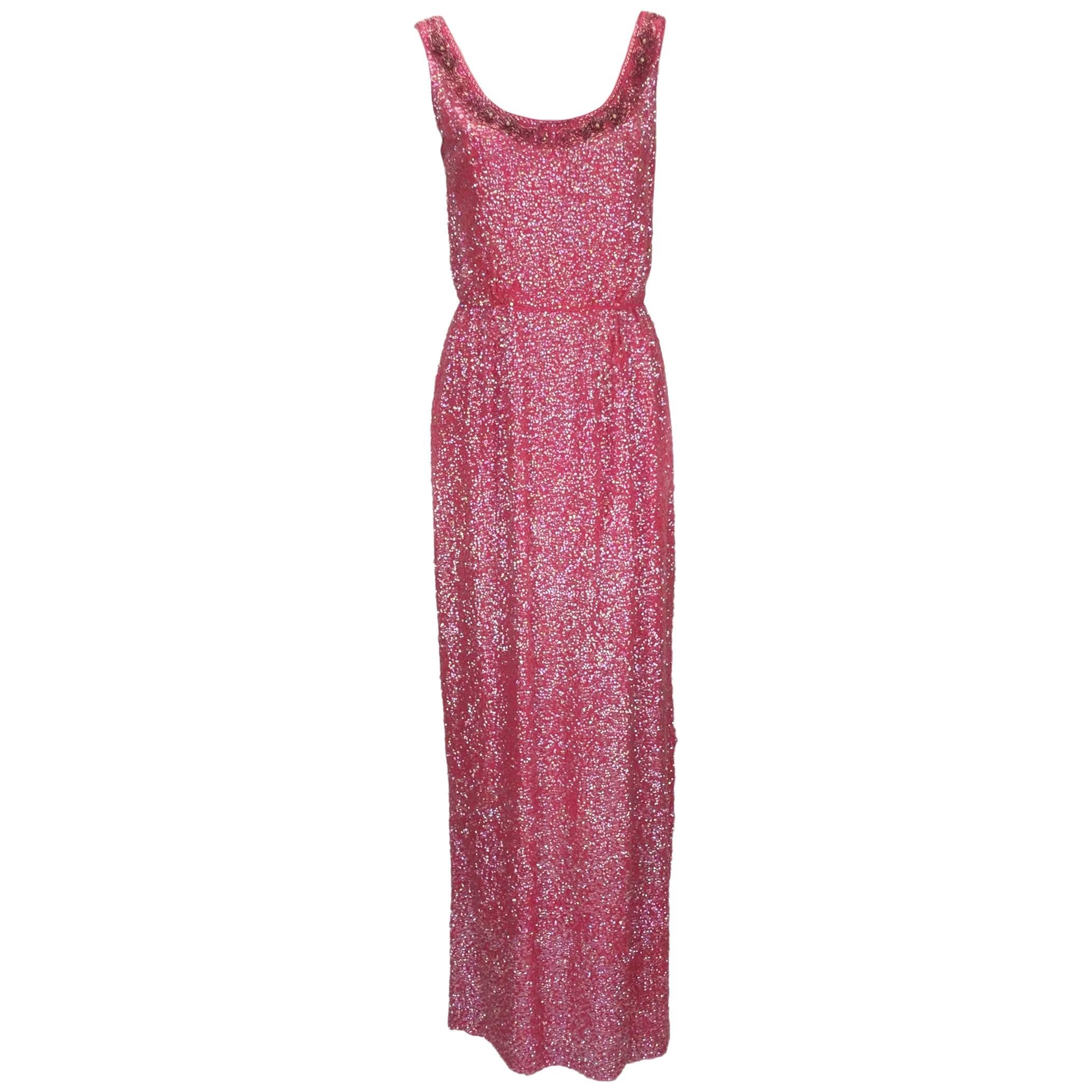 1960s Pink Silk Beaded Sequin Evening Dress
