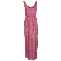 1960s Pink Silk Beaded Sequin Evening Dress 