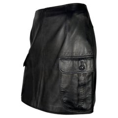 Vintage F/W 1996 Gianni Versace Runway Black Leather Medusa Pocket Mini Skirt