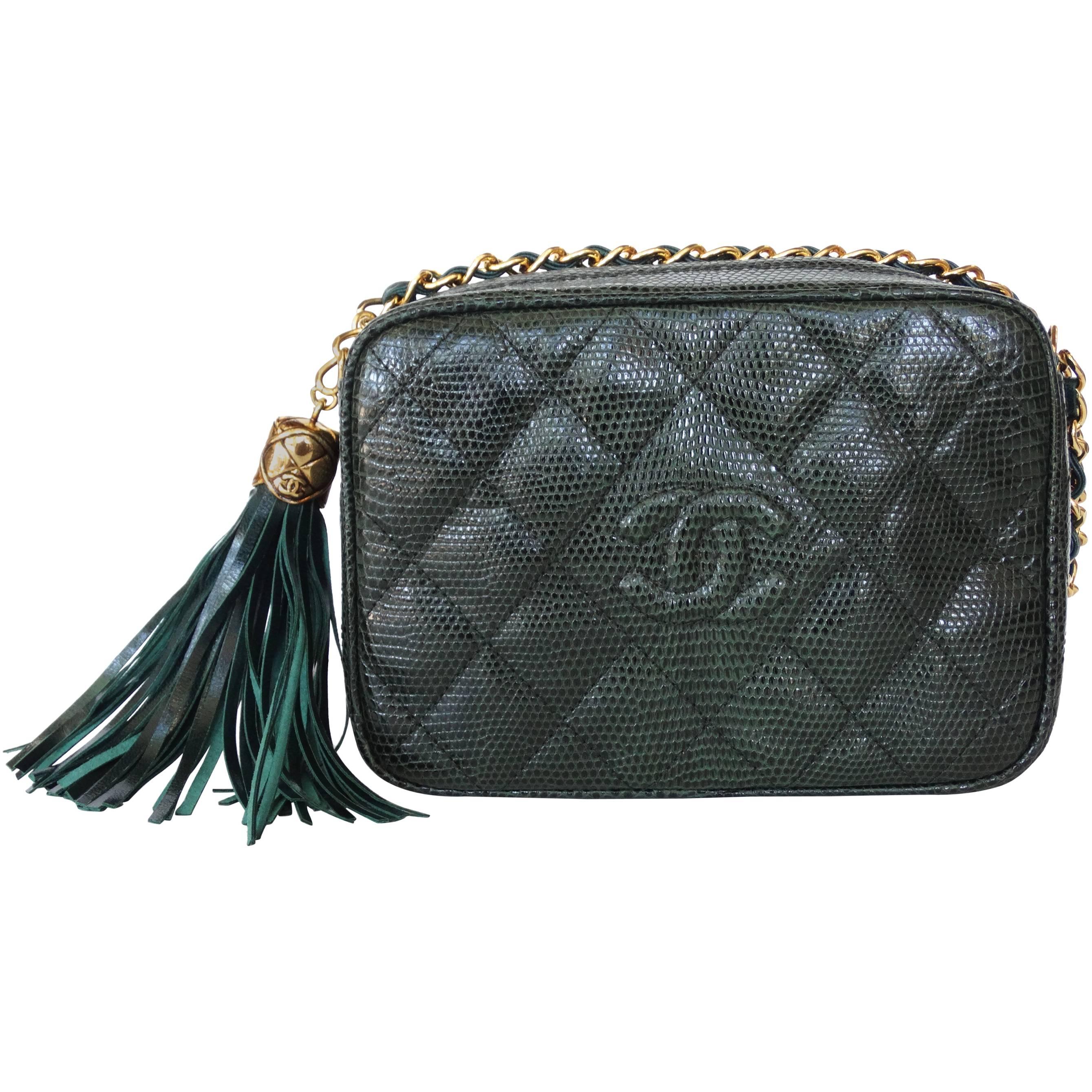 Chanel Green Lizard Skin Quilted Shoulder Bag, 1990s  