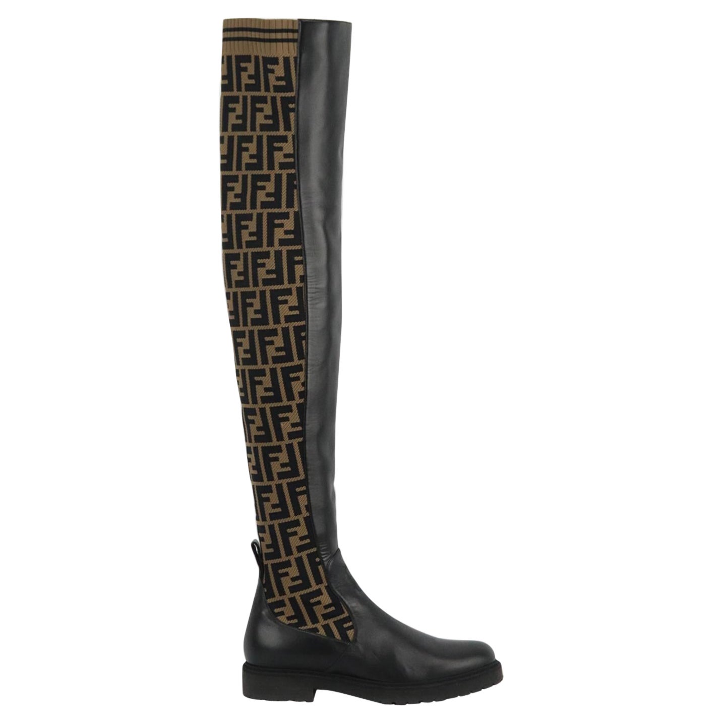 Fendi Logo Jacquard Stretch Knit And Leather Over Knee Boots Eu 38 Uk 5 Us 8