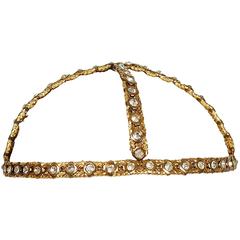 1920's Rhinestone & Metallic-Gold Brass Flapper Art-Deco Juliet Cap Headpiece