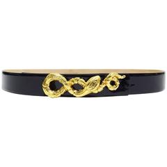 Valentino Black Patent Leather Belt with Gold Serpent Buckle 