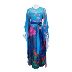 Vintage 1976 Hanae Mori Couture Floral Silk Chiffon Belted Kimono-Sleeve Gown