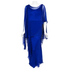 Vintage 1967 Givenchy Haute Couture Cobalt Blue Draped Silk Chiffon Caftan Gown