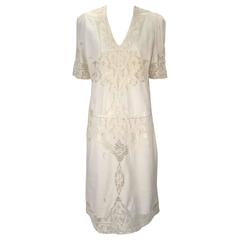 Vintage 1970s White Linen and Lace Short Sleeve Day Dress 