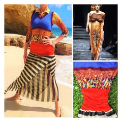 Retro Jean Paul Gaultier Optical Illusion Neon Striped Kim Kardashian Mesh Maxi Dress