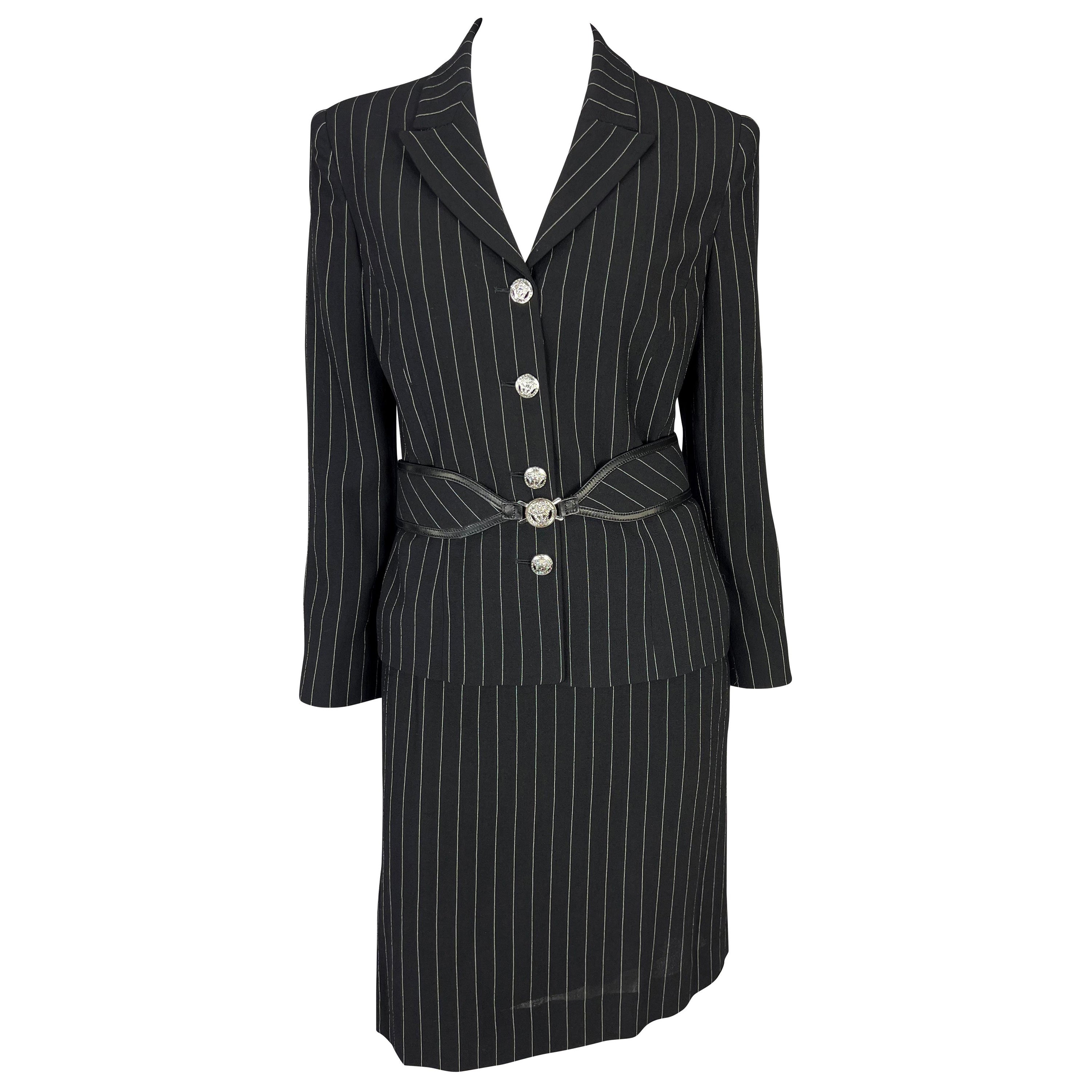 F/W 2004 Versace by Donatella Black Wool Blend Pinstripe Medusa Belted Suit