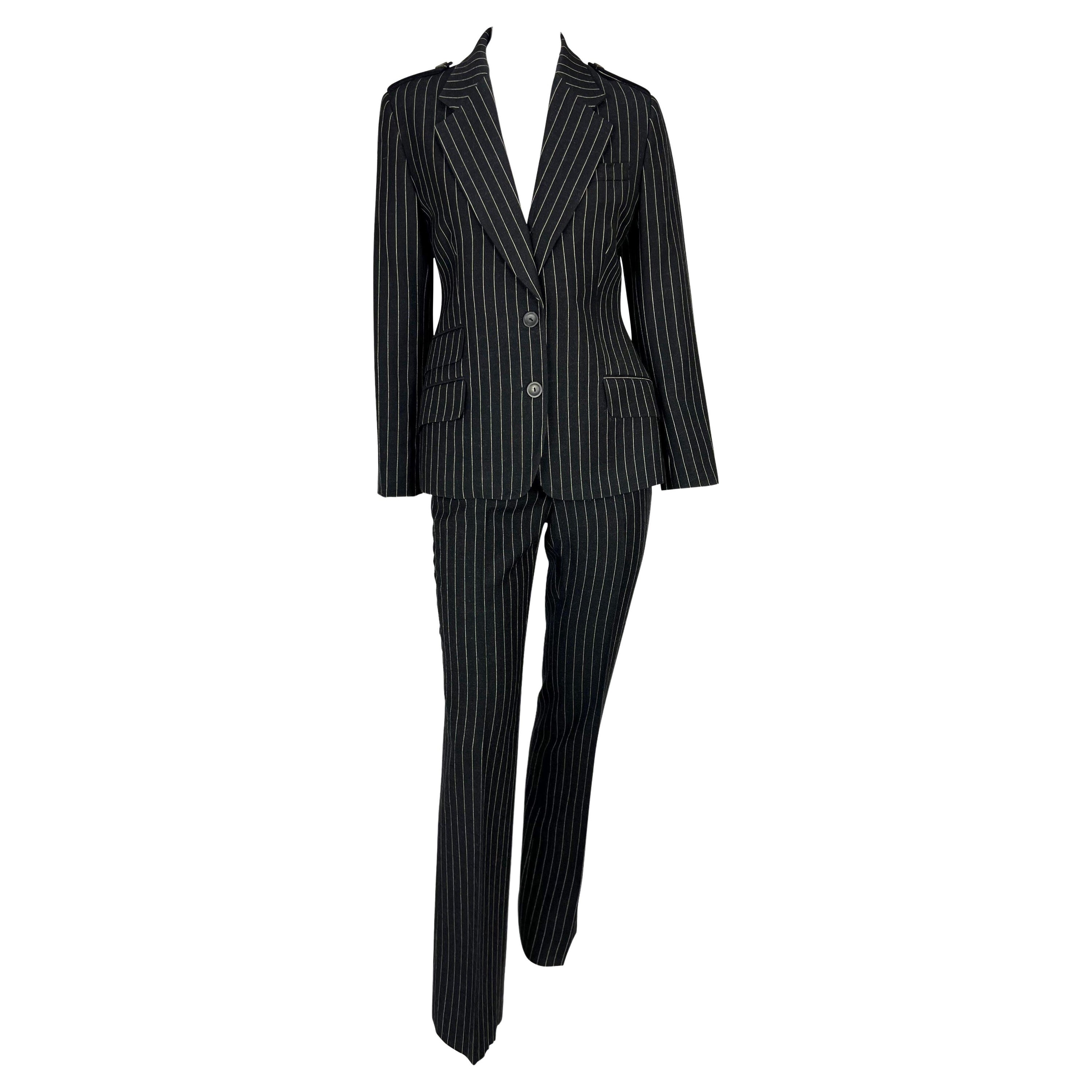 F/W 1996 Gucci by Tom Ford Runway Ad Black Wool Pinstripe Epaulet Pant Suit For Sale