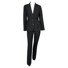 Used F/W 1996 Gucci by Tom Ford Runway Ad Black Wool Pinstripe Epaulet Pant Suit