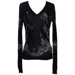 Alexander McQueen Black White Bird Nature Print Long Sleeve Cotton Silk Sweater