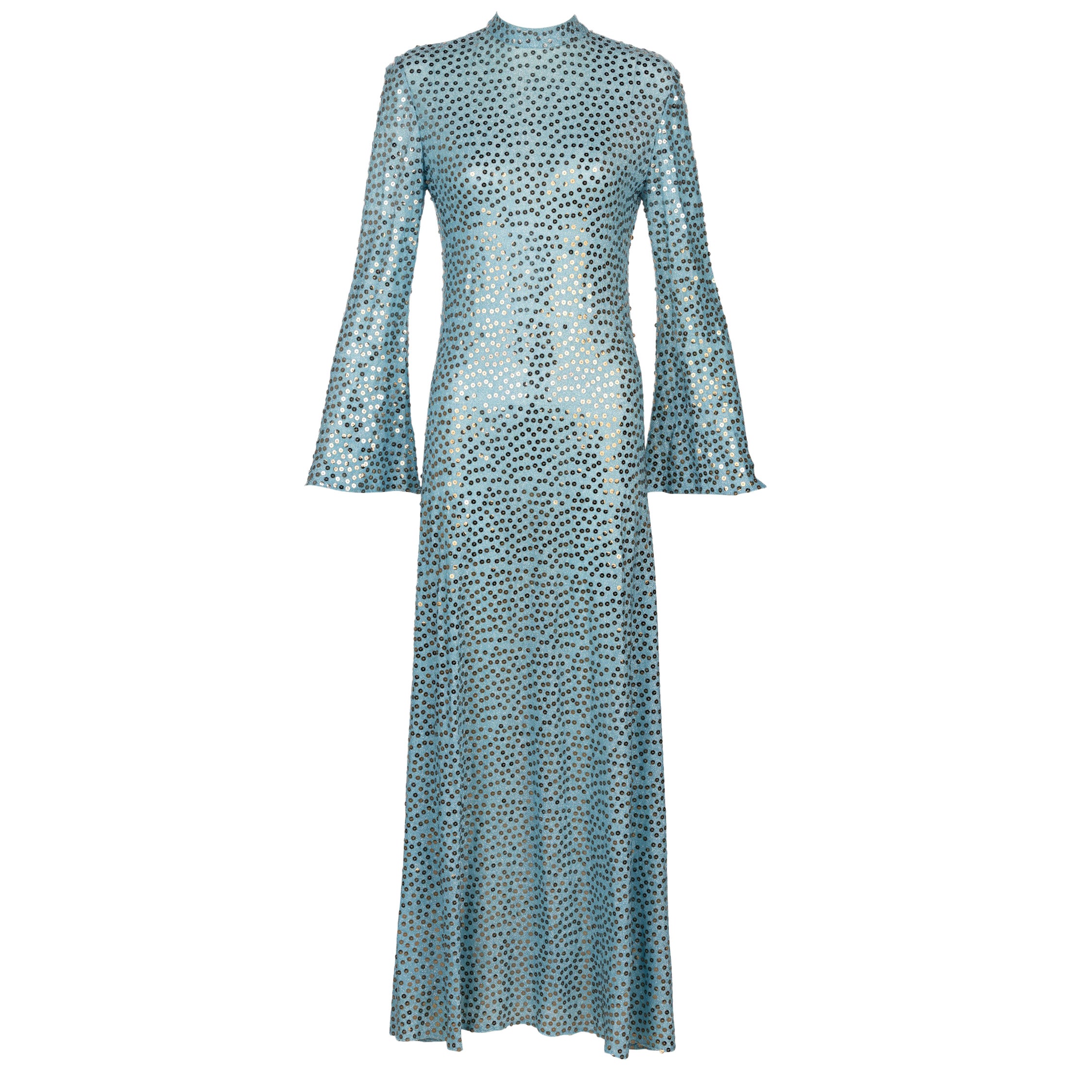 Mollie Parnis Silver Sequin Ice Blue Knit Lame Jersey Dress, 1970s For Sale