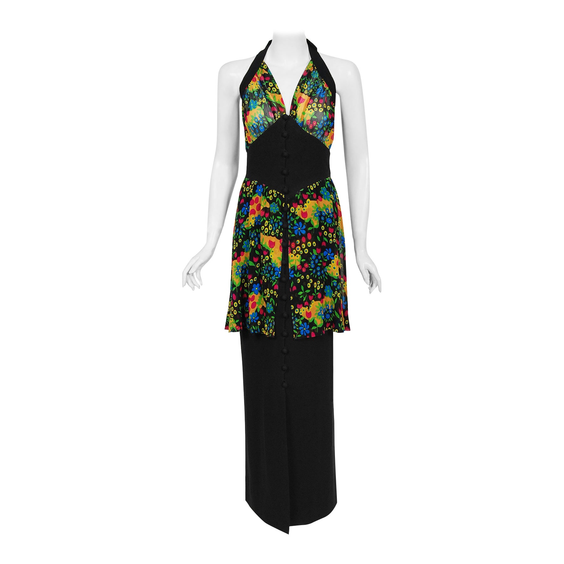 Vintage 1970s Molyneux Haute Couture Floral Sheer Silk & Black Crepe Halter Gown For Sale