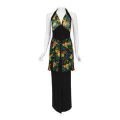 Vintage 1970 Molyneux Haute Couture Colorful Floral Silk Black Crepe Halter Gown