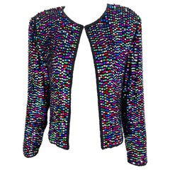 1990s Fully Sequined Beaded Size Large Colorful Silk 90s Vintage Cardigan Top