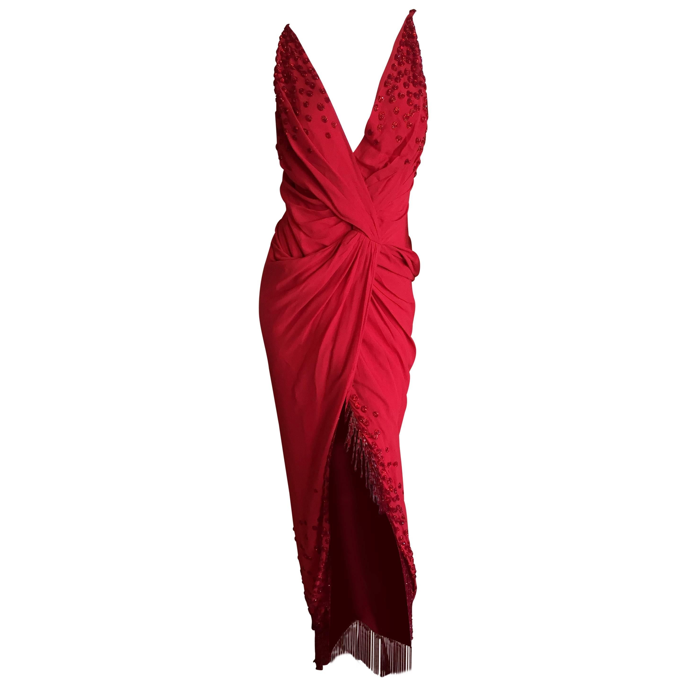 Christian Dior Lady in Red Fringed Beaded Evening Dress by Galliano