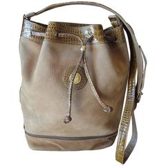 Used FENDI tan brown suede leather bucket shoulder hobo bag with Janus motif.