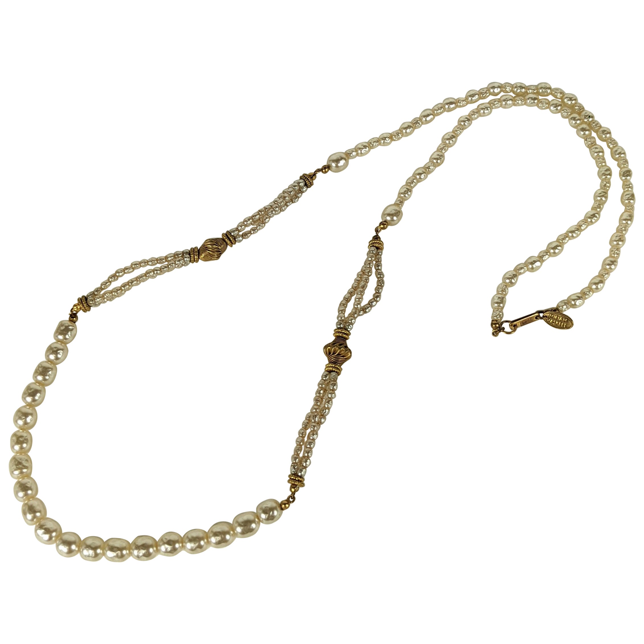 Miriam Haskell Pearl and Russian Gilt Long Necklace For Sale