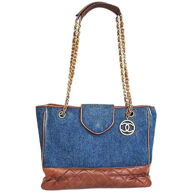 Vintage CHANEL blue jean denim and brown leather combi shoulder tote bag with cc For Sale