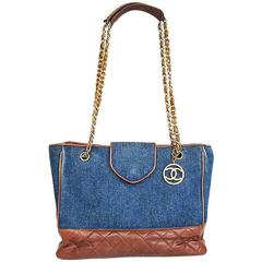 Vintage CHANEL blue jean denim and brown leather combi shoulder tote bag with cc