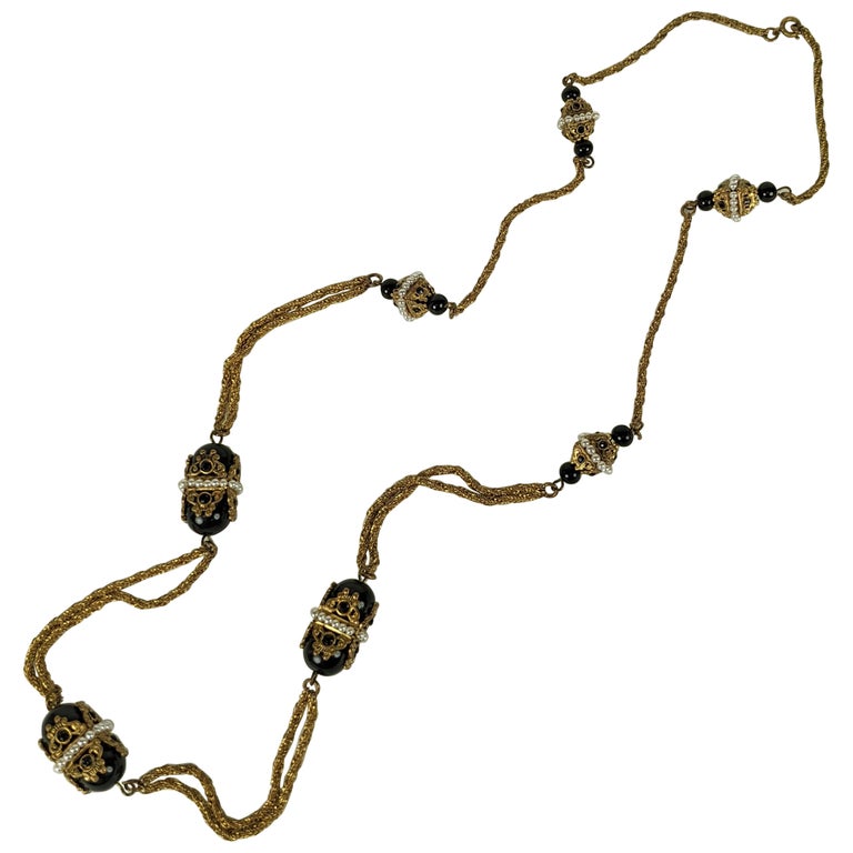 Goossens for Chanel Byzantine Jet and Faux Pearl Sautoir Necklace For