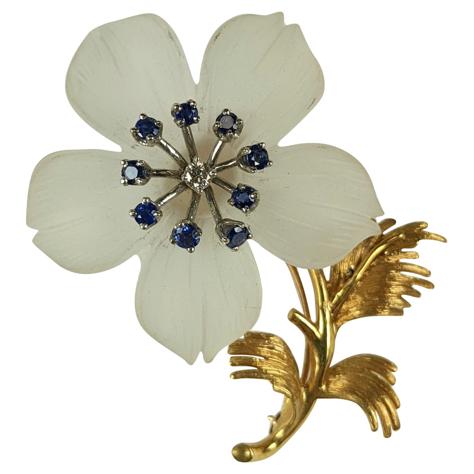 Elegant Rock Crystal Sapphire Diamond Flower Brooch For Sale