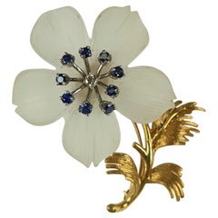 Elegant Rock Crystal Sapphire Diamond Flower Brooch
