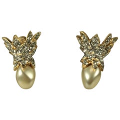 Retro Early K.J.L. Pave Faux Pearl Schlumberger Style Ear Clips