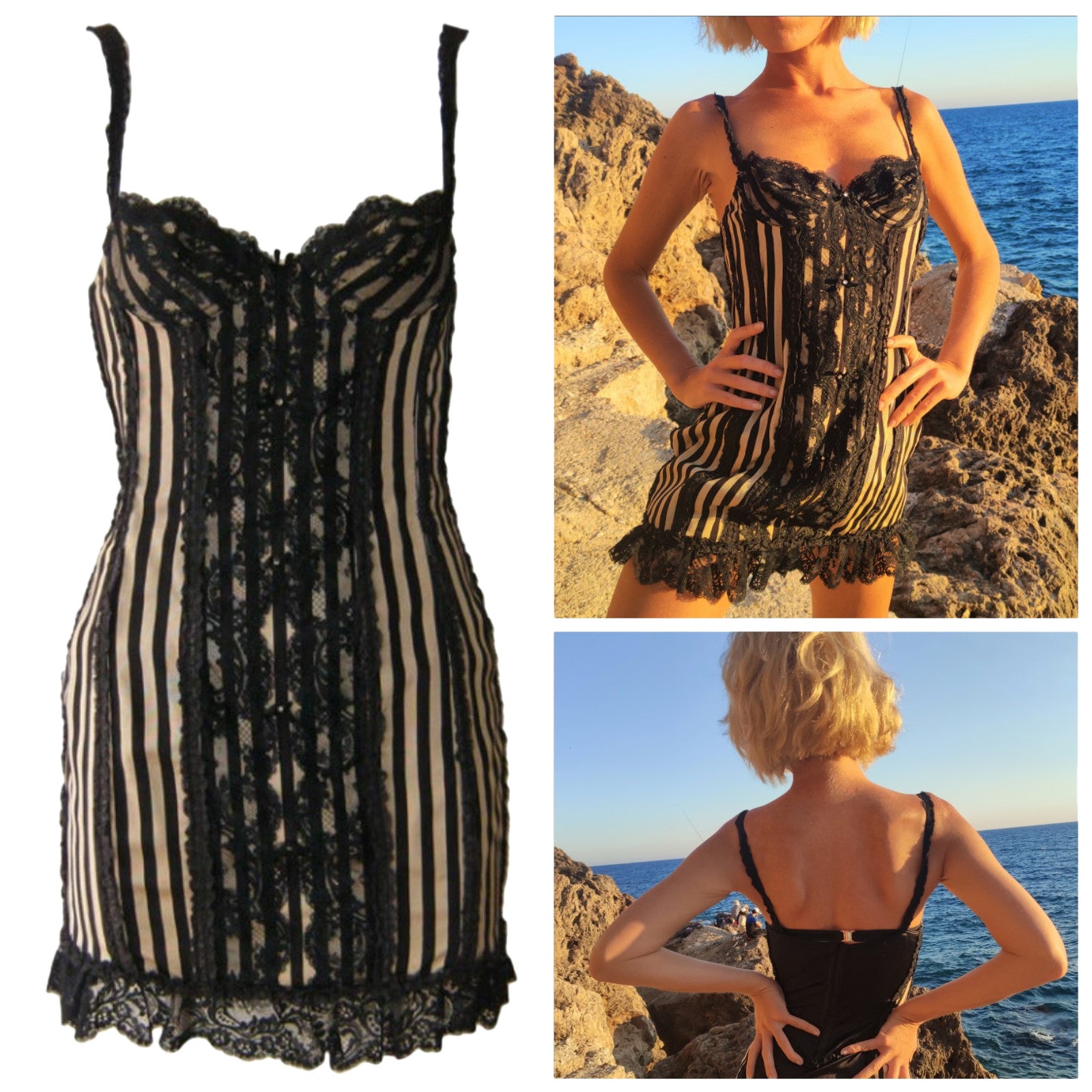 Moschino Couture Corset Vintage 90s Striped Lace Bodycon Bustier Fishbone Dress