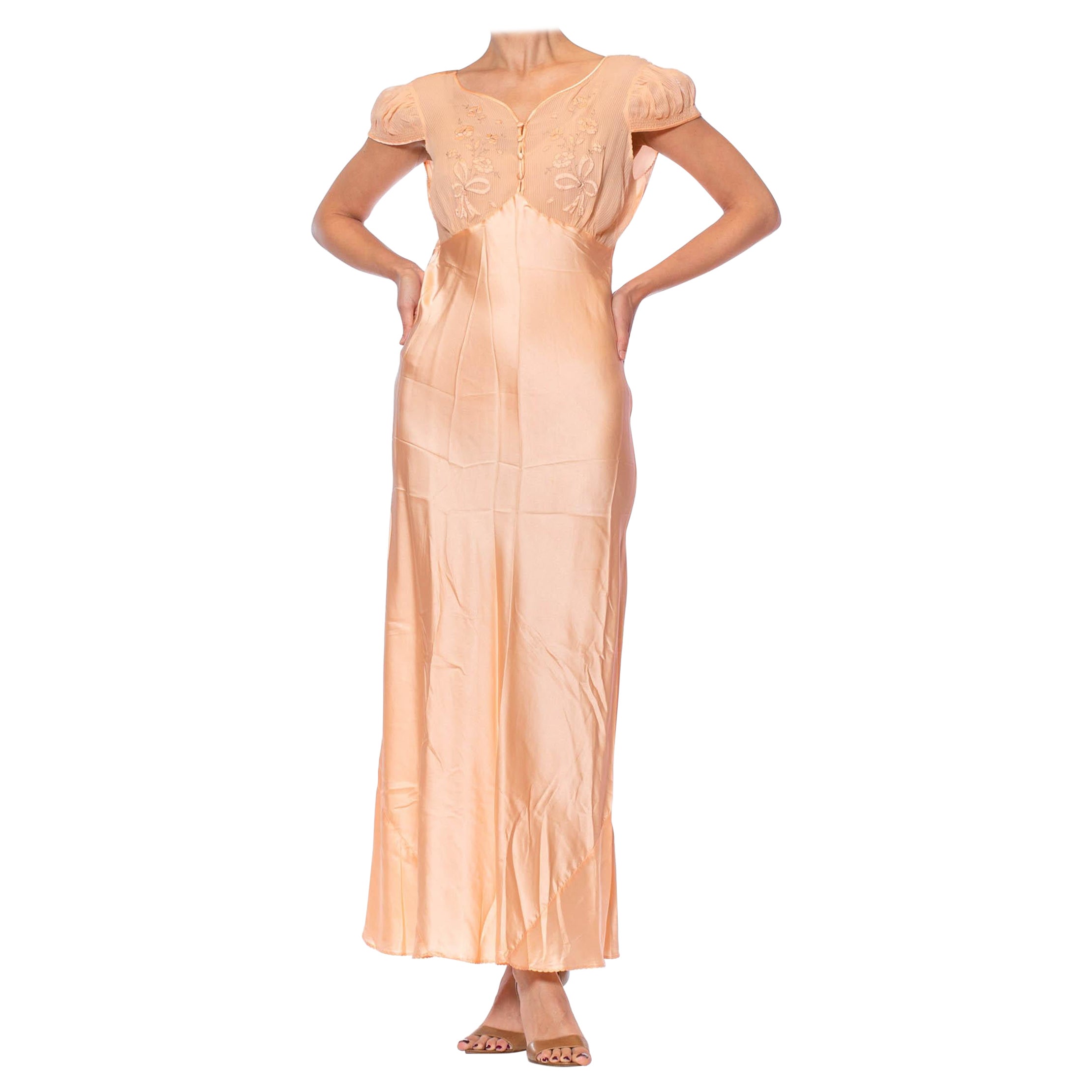 1930S Blush Pink Bias Cut Silk Charmeuse Slip DressNegligee With Sheer Embroider For Sale