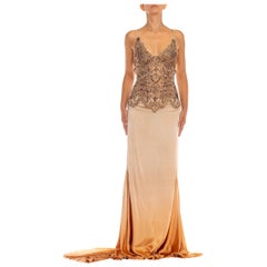 Vintage 1990S Nude Silk Charmeuse Swarovski Encrusted Lace Bodice Gown With Train