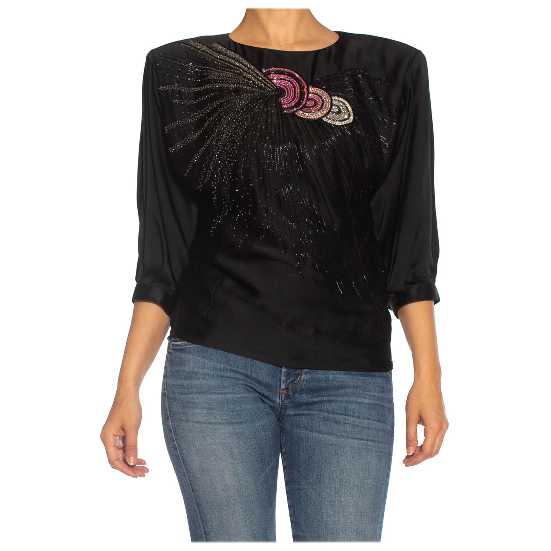 1980S EMANUEL UNGARO Black Haute Couture Silk Charmeuse Beaded Top For Sale