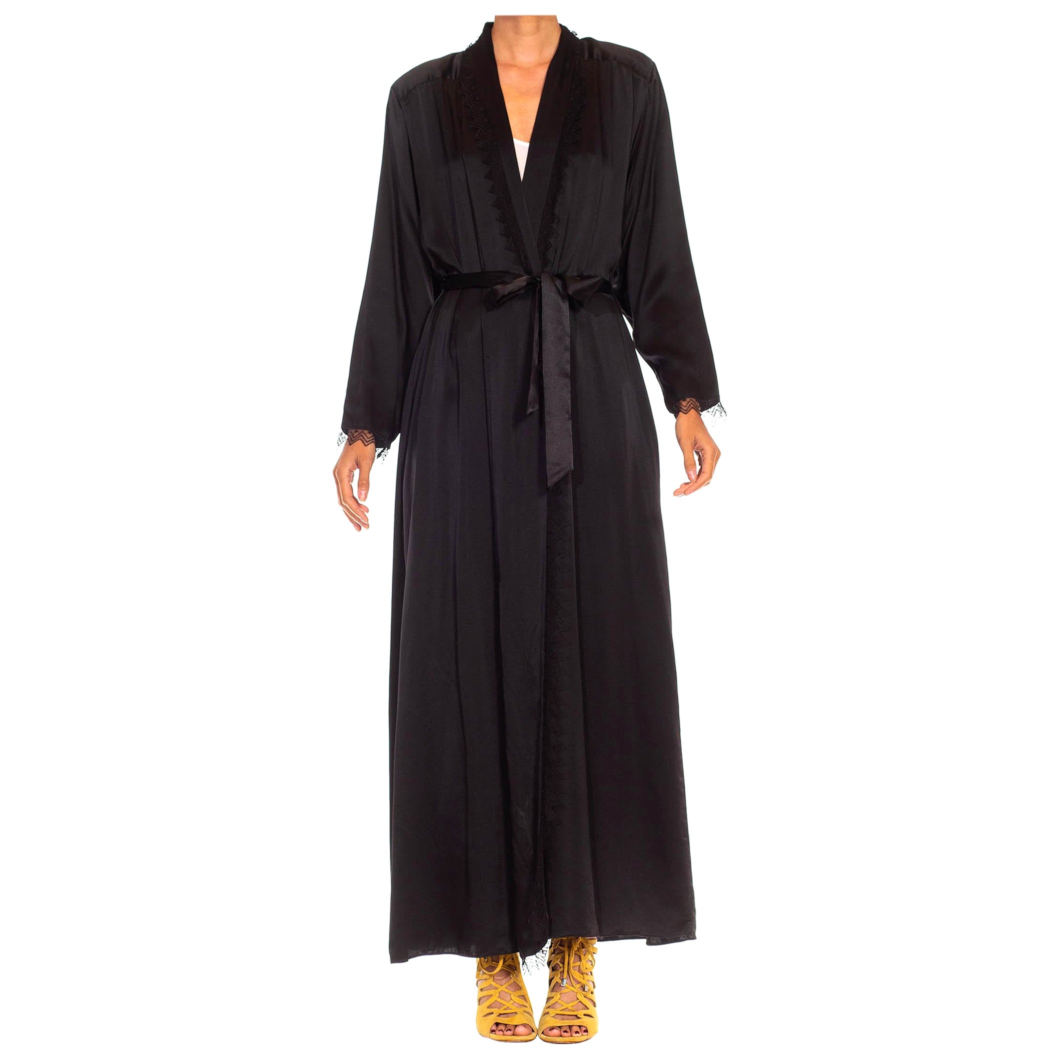 1980S Black Silk Charmeuse Satin Robe With Zigzag Lace Trim