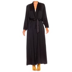 1980S Black Silk Charmeuse Satin Robe With Zigzag Lace Trim