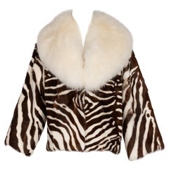 Emanuel Ungaro Brown Zebra Print Ivory Fur Collar Jacket