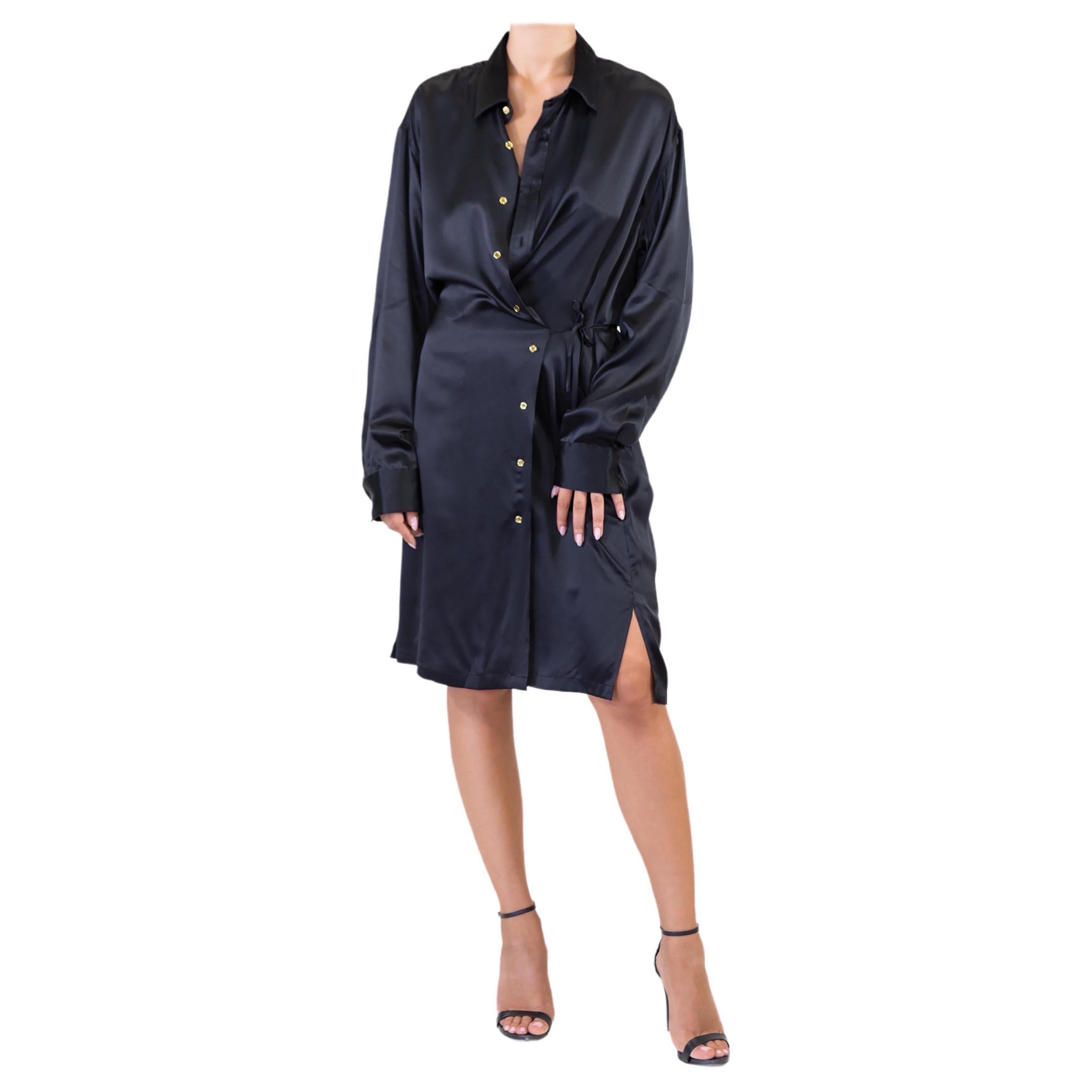 MORPHEW COLLECTION Black Silk Charmeuse Oversized Button Down Shirt Dress For Sale