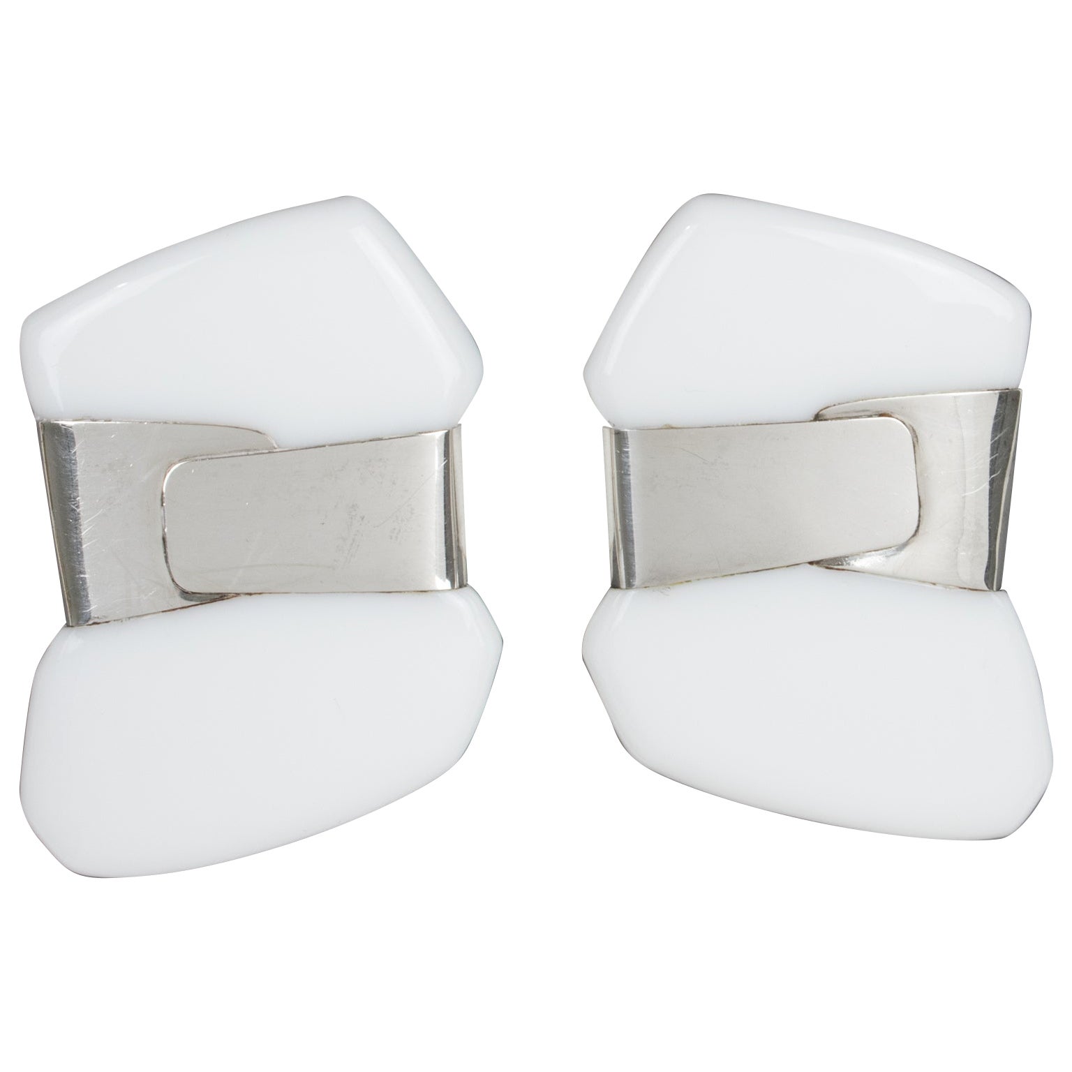 Anne and Frank Vigneri Sterling Silver and White Lucite Clip Earrings For Sale