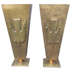 Vintage Brutalist Pair of Brass Metal Artisan Bird Urns ca 1974