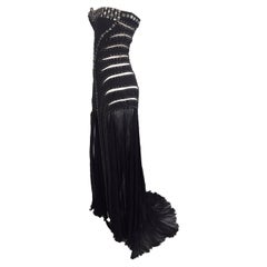 F/W 2004 Runway Atelier Versace Black Sheer Mesh Cut Out Studs Beaded Gown Dress